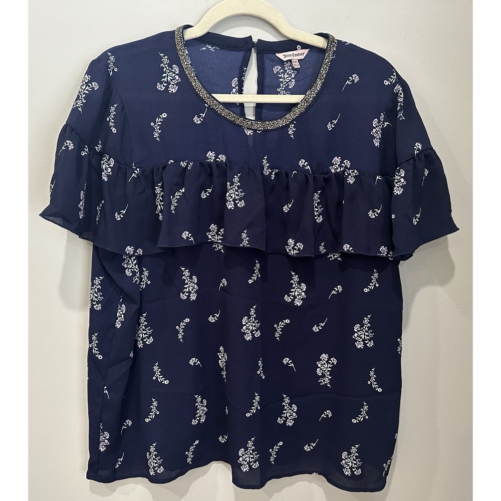 Juicy Couture Floral Blouse XXL Blue Ruffle Glitter Embellished Neck Boho Tunic